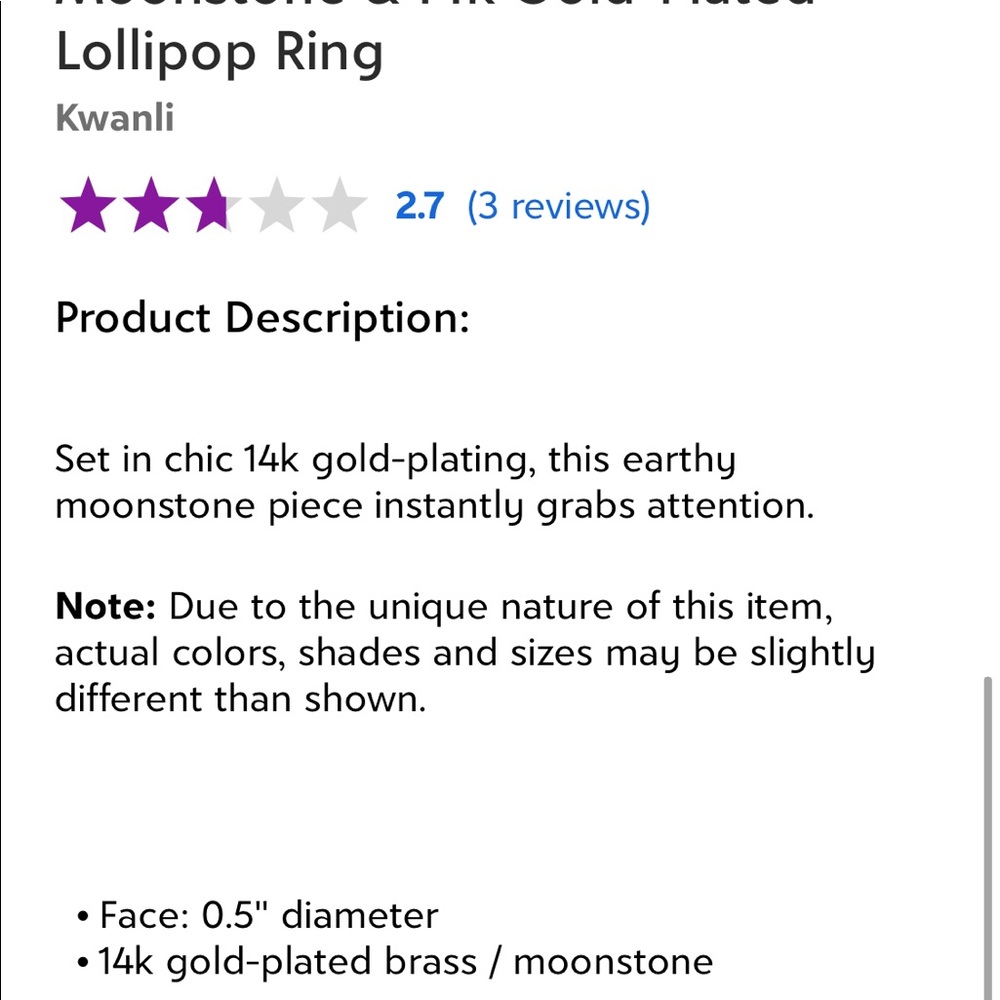 Moonstone & 14k gold plated Lollipop ring. NWT - Picture 2 of 2